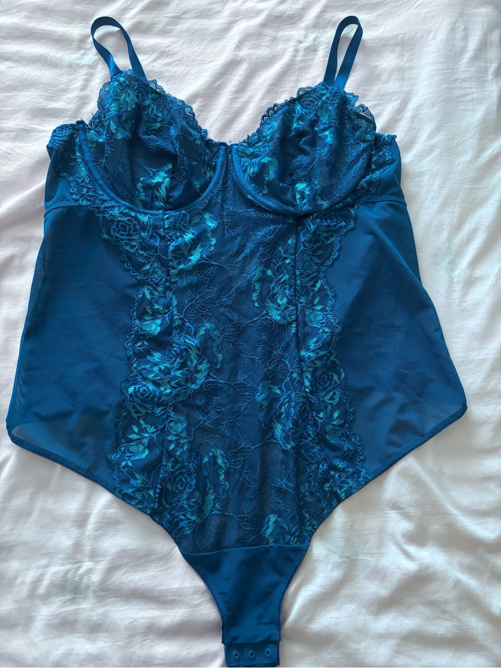 Torrid Unlined Underwire Thong Bodysuit in Lace Sea Blue